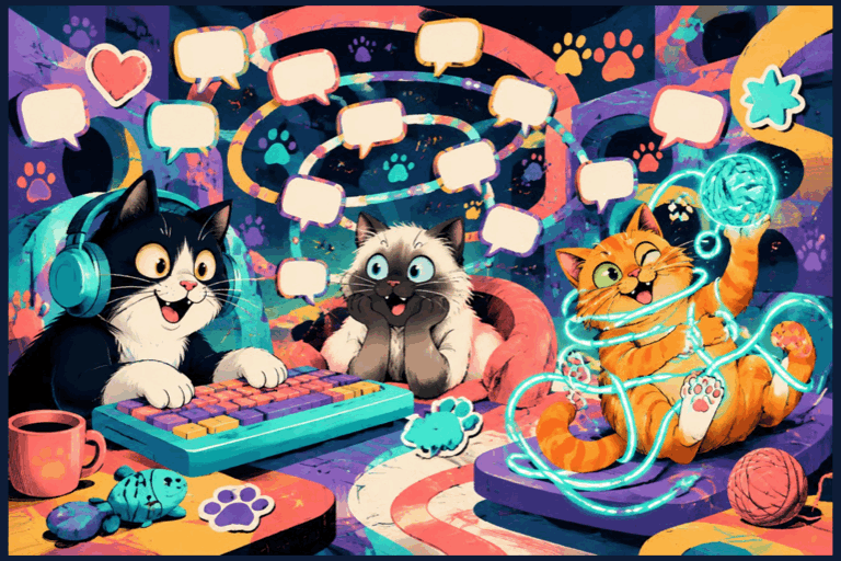 Three colorful cats in a glowing loop
